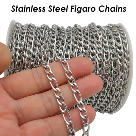 10 Feet x Figaro Chain Stainless Steel Figaro Link Chain Gold Silver, Bulk Stainless Steel Chain for Necklace Bracelet Jewelry Making