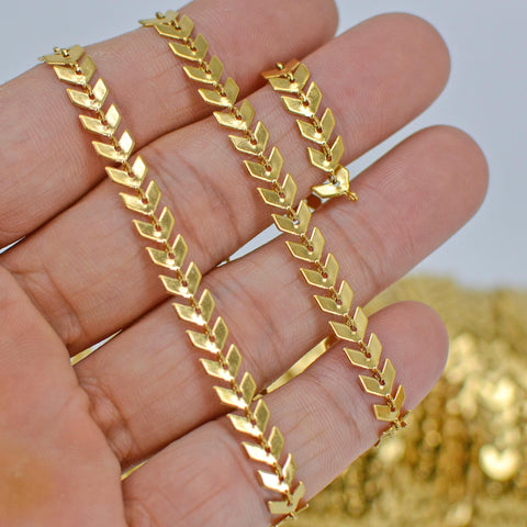 10 Feet x Flat Chevron Chain, Fish Bone Chain, Stainless Steel Chain for Necklace Bracelet, Bulk Silver Gold Chain for Jewelry Making