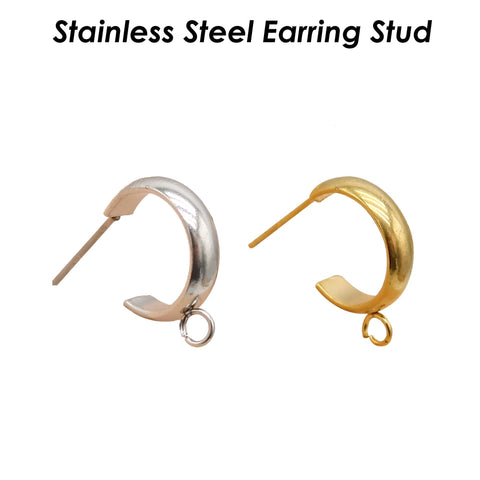 Stainless Steel Earring Stud, C Shape Earring Hoop Gold Silver,Stud Earring with Loop for Connecting, Earring Findings for Jewelry Making