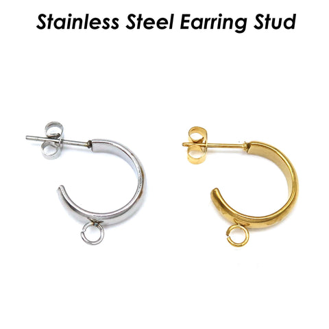 Stainless Steel Earring Stud, C Shape Earring Hoop Gold Silver,Stud Earring with Loop for Connecting, Earring Findings for Jewelry Making