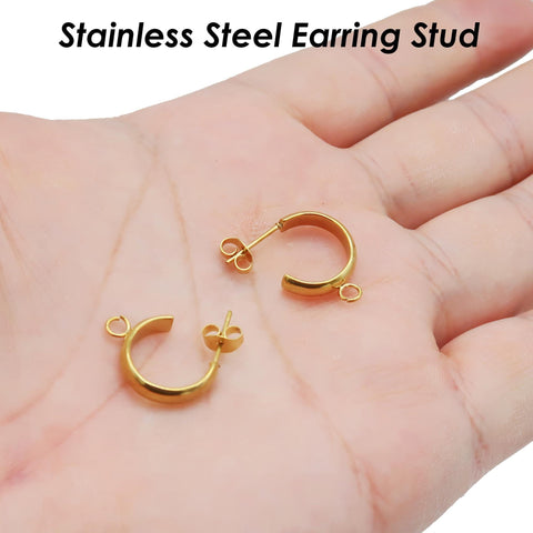 Stainless Steel Earring Stud, C Shape Earring Hoop Gold Silver,Stud Earring with Loop for Connecting, Earring Findings for Jewelry Making