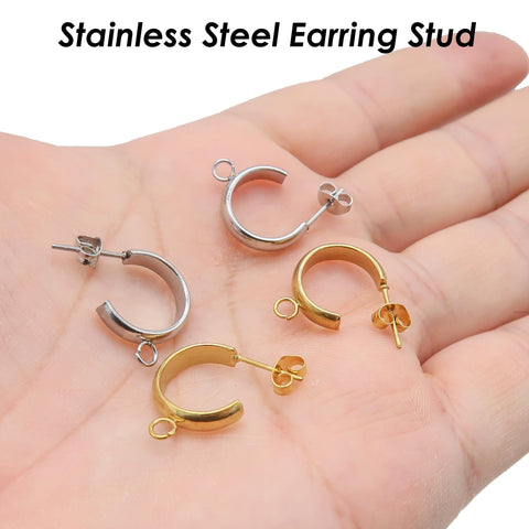 Stainless Steel Earring Stud, C Shape Earring Hoop Gold Silver,Stud Earring with Loop for Connecting, Earring Findings for Jewelry Making