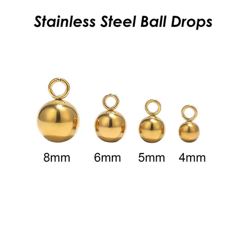 50 x Stainless Steel Round Ball Drop Charm Gold Silver, 4 5 6 8mm Solid Ball With Loop, Wholesale Bead Drop Charms for Jewelry Making