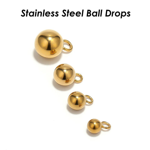 50 x Stainless Steel Round Ball Drop Charm Gold Silver, 4 5 6 8mm Solid Ball With Loop, Wholesale Bead Drop Charms for Jewelry Making