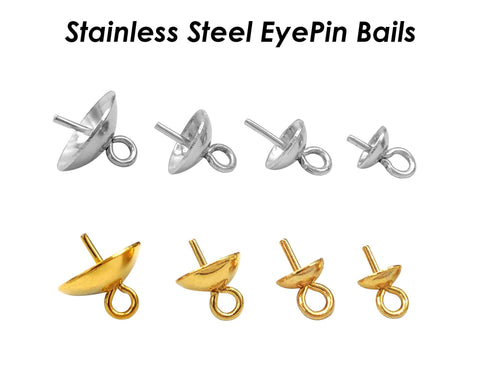 20 x Stainless Steel Eye Pin Bail with Cup 3/4/5/6/8mm, Pearl Peg Drop Cup, Pearl Bail Gold Silver, Peg Bail for Half Drilled Pearls Beads