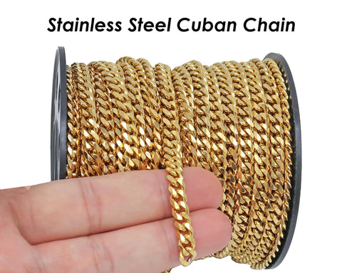 10 Feet - Bulk Cuban Chain Gold Silver, Cuban Chain for Men Women Necklace Bracelet, Stainless Steel Chain for Jewelry Making