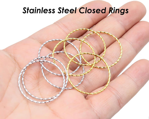 Stainless Steel Rings, Textured Circle Connector Ring, Closed Jump Rings Gold Silver, Big Round Link Connectors for Jewelry Making