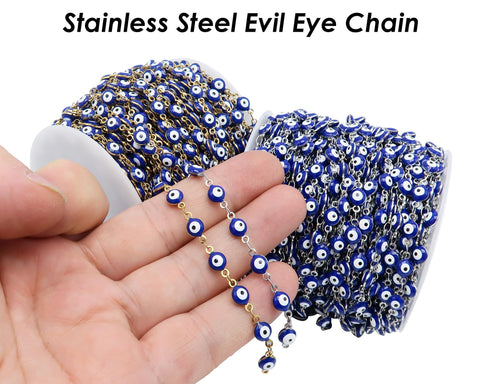 Evil Eye Chain, Evil Eye Bead Chain Stainless Steel Chain for Jewelry Making, Bulk Chain for Evil Eye Bracelet, Evil Eye Necklace Making