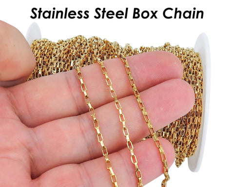 Stainless Steel Chain Bulk Chain by Foot Inch, Rectangle Box Chain Gold Silver, Tarnish Free Rectangle Link Chain for Jewelry Making