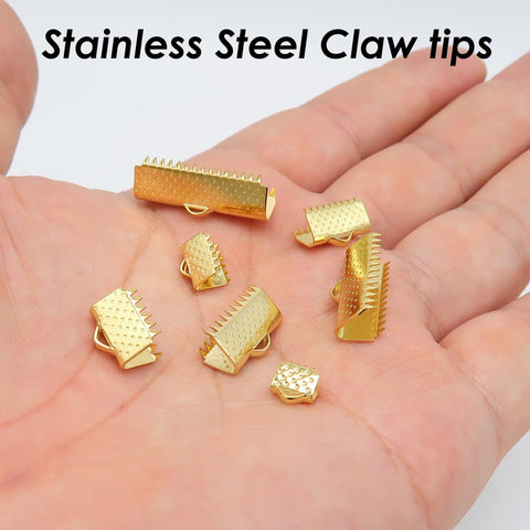 50 x Stainless Steel Claw Tips Gold Silver, Ribbon Claw Clasps, Cord Tip End Caps for Ribbons or Jewelry Making