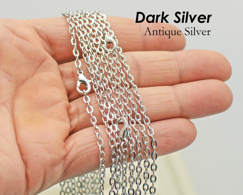 Antique Silver Necklace, Antique Silver Chain Necklaces for Women, Rhodium Plated Necklace Cable Link Rolo Necklace