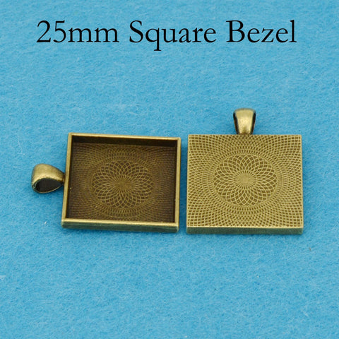 25mm Square Pendant Tray, 1 inch Square Bezel Pendant Blank, Cameo Setting Cabochon Base for Custom Jewelry Making