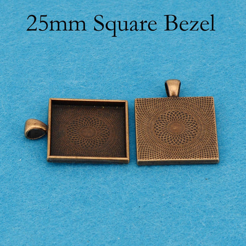 25mm Square Pendant Tray, 1 inch Square Bezel Pendant Blank, Cameo Setting Cabochon Base for Custom Jewelry Making