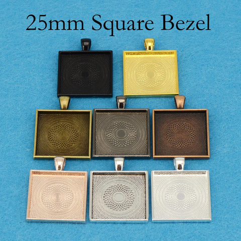 25mm Square Pendant Tray, 1 inch Square Bezel Pendant Blank, Cameo Setting Cabochon Base for Custom Jewelry Making