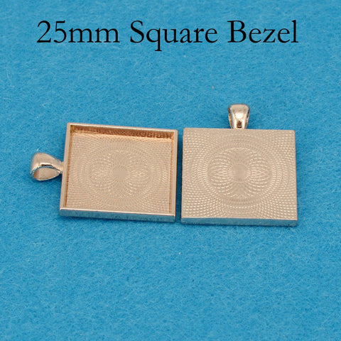 25mm Square Pendant Tray, 1 inch Square Bezel Pendant Blank, Cameo Setting Cabochon Base for Custom Jewelry Making