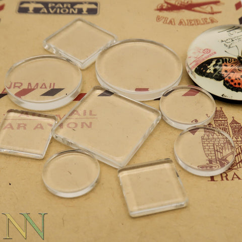 Clear Glass Tile Pendant, 2 Sides Flat Glass Cabochon 10 12 14 16 18 20 25 30mm Square Circle Round Glass for Jewelry Making