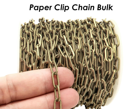 10 Feet - Paper Clip Chain Bulk by Foot, Rectangle Link Chain - Gold, 14K Gold, Bronze, Copper Paperclip Chain for Jewelry Making