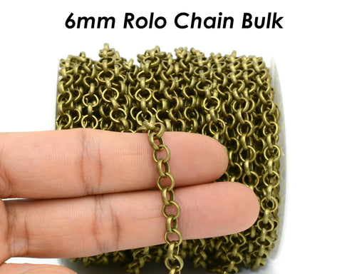 10 Feet x 6mm Rolo Chain Gold Silver Bronze Copper Rolo Link Chain for Jewelry Making, Chunky Chain by the Yard Length Spool