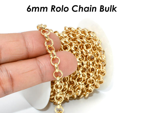 10 Feet x 6mm Rolo Chain Gold Silver Bronze Copper Rolo Link Chain for Jewelry Making, Chunky Chain by the Yard Length Spool