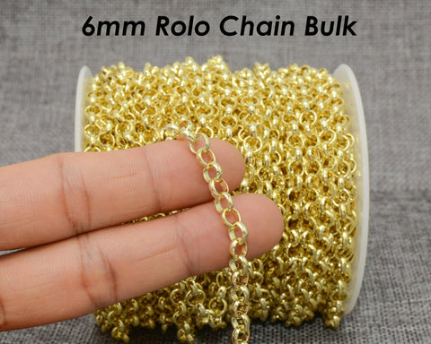 10 Feet x 6mm Rolo Chain Gold Silver Bronze Copper Rolo Link Chain for Jewelry Making, Chunky Chain by the Yard Length Spool