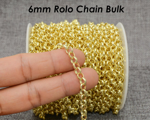 10 Feet x 6mm Rolo Chain Bulk by Foot, Bronze Gold Silver Rolo Link Chain for Jewelry Making,  Chunky Chain by the Yard Length Spool