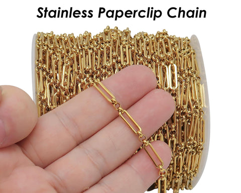 10 Feet x Stainless Steel Chain Gold Silver, PaperClip Chain, Rectangle Link Chain Paper Clip Chain, Bulk Chain for Jewelry Making