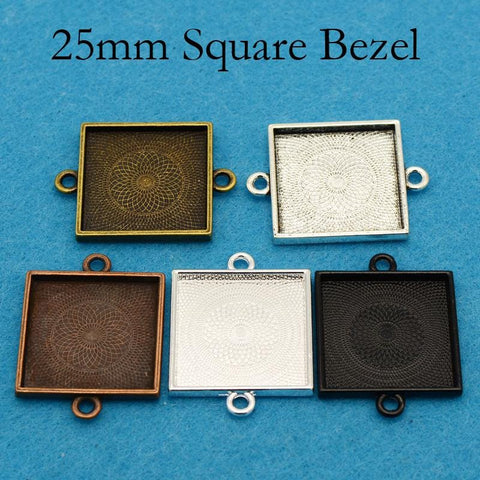 25mm Square Bezel Connector with 2 Loops, Double Loop Pendant Tray Cabochon Setting, Connector Bezel Pendant Blank for Jewelry Making