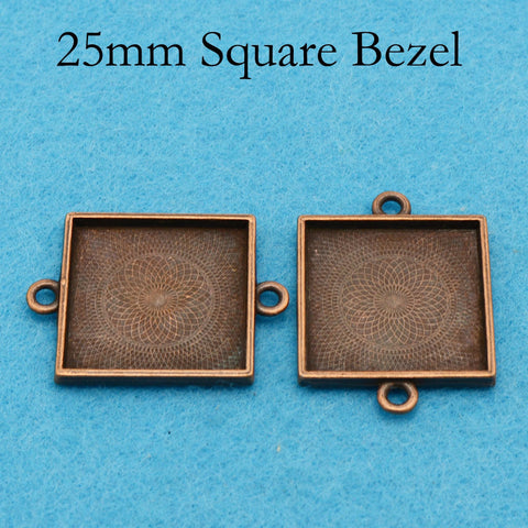 25mm Square Bezel Connector with 2 Loops, Double Loop Pendant Tray Cabochon Setting, Connector Bezel Pendant Blank for Jewelry Making