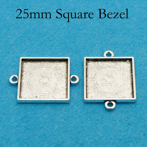 25mm Square Bezel Connector with 2 Loops, Double Loop Pendant Tray Cabochon Setting, Connector Bezel Pendant Blank for Jewelry Making