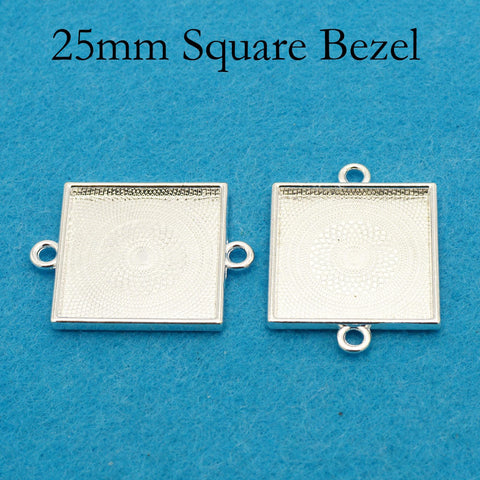 25mm Square Bezel Connector with 2 Loops, Double Loop Pendant Tray Cabochon Setting, Connector Bezel Pendant Blank for Jewelry Making