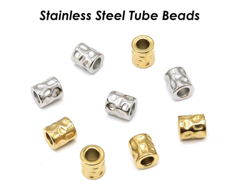 Stainless Steel Spacer Beads Gold Silver, Hammered Textured Beads, Barrel Beads, Large Hole Tube Beads for Bracelets and Necklace Making