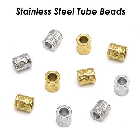 Stainless Steel Spacer Beads Gold Silver, Hammered Textured Beads, Barrel Beads, Large Hole Tube Beads for Bracelets and Necklace Making