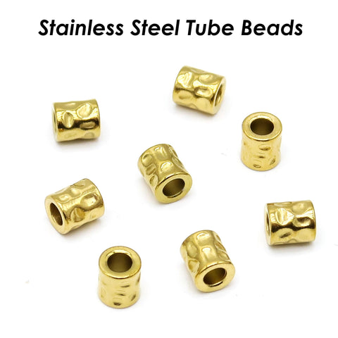 Stainless Steel Spacer Beads Gold Silver, Hammered Textured Beads, Barrel Beads, Large Hole Tube Beads for Bracelets and Necklace Making