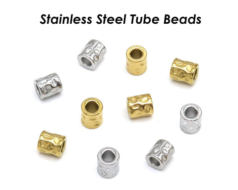 Stainless Steel Spacer Beads Gold Silver, Hammered Textured Beads, Barrel Beads, Large Hole Tube Beads for Bracelets and Necklace Making