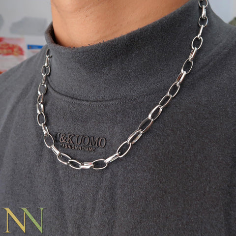 Stainless Steel Necklace Men Women, Big Oval Link Chain Necklace Silver Tone, Thick Drawn Cable Chain Choker Jewelry, Toggle Clasp Necklace