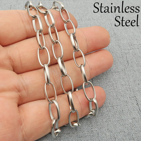 Stainless Steel Necklace Men Women, Big Oval Link Chain Necklace Silver Tone, Thick Drawn Cable Chain Choker Jewelry, Toggle Clasp Necklace