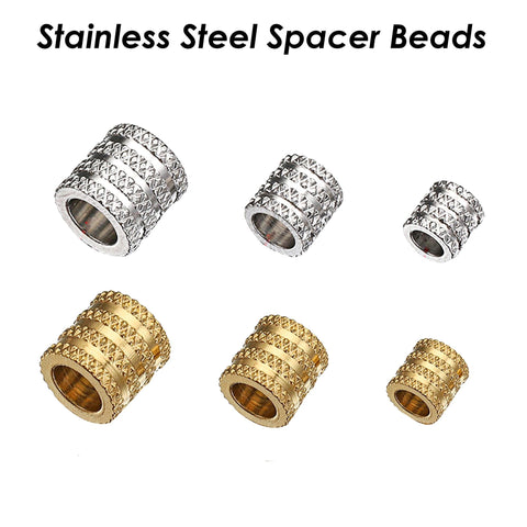 20 x Textured Tube Beads Stainless Steel Spacer Beads Gold Silver, Barrel Beads, Large Hole Column Spacer Beads for Necklace or Bracelets