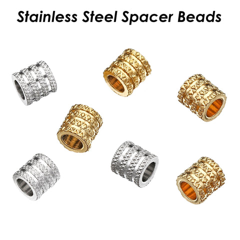 20 x Textured Tube Beads Stainless Steel Spacer Beads Gold Silver, Barrel Beads, Large Hole Column Spacer Beads for Necklace or Bracelets