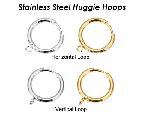 10 x Stainless Steel Huggie Earring Hoop with Loop, Hoop Earrings Gold Silver Ear Hoops, Surgical Earring Findings, Lever Back Earring Hooks