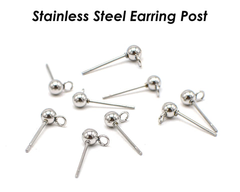 50 x Stainless Steel Post Earrings with Open Loop Vertical Ring, Ball Post Earring Stud Gold Silver, Earring Findings for Jewelry Making