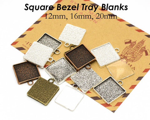 Square Bezel Setting 12mm 16mm 20mm Square Pendant Tray Blanks for Glass Cabochon Epoxy Resin for Necklace Earrings Bracelets