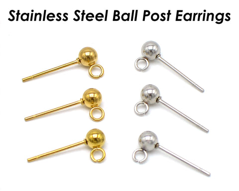 50 x Stainless Steel Ball Post Earrings, Silver Gold Stud Earring Post, Stud Earring Findings With Connectors, Ball Post Earring Supplies