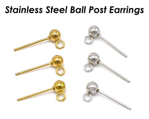 50 x Stainless Steel Ball Stud Earrings for Women Men, Surgical Steel Earring Posts with Loop, Ball Post Earring Gold Silver Jewelry Making