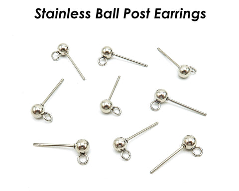 50 x Stainless Steel Ball Stud Earrings for Women Men, Surgical Steel Earring Posts with Loop, Ball Post Earring Gold Silver Jewelry Making