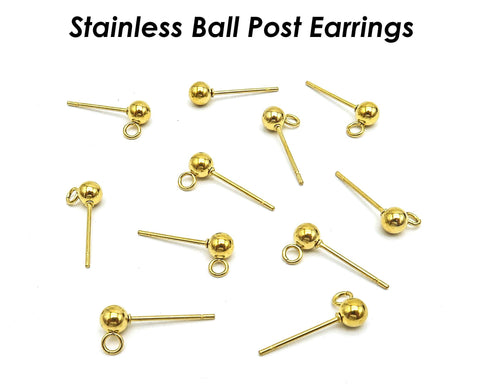 50 x Stainless Steel Ball Stud Earrings for Women Men, Surgical Steel Earring Posts with Loop, Ball Post Earring Gold Silver Jewelry Making