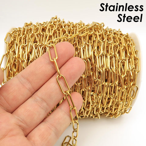 Stainless Steel Paperclip Clip Chain Gold Silver, Paper Clip Chain Stainless Steel Chain Bulk Chain for Necklace Bracelet Making