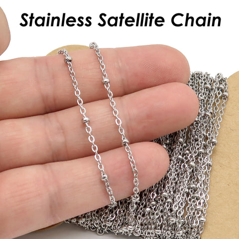 Beaded Chain Stainless Steel, Silver Gold Satellite Chain for Necklace Bracelet Making, Station Chain Bulk Wholesale Stainless Steel Chain