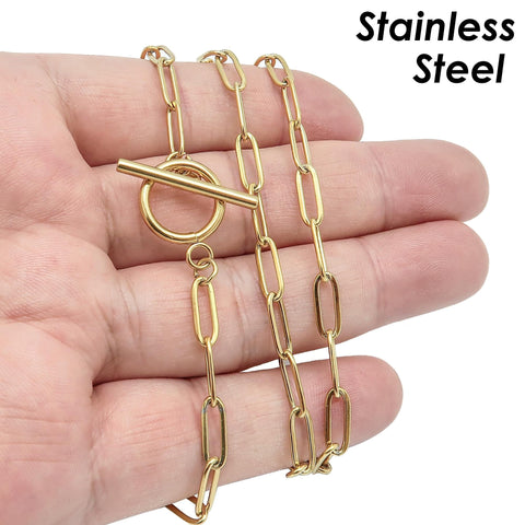 Paper Clip Necklace Stainless Steel, Rectangle Link PaperClip Necklace Gold Silver, Paperclip Chain Toggle Clasp Necklace for Women Men