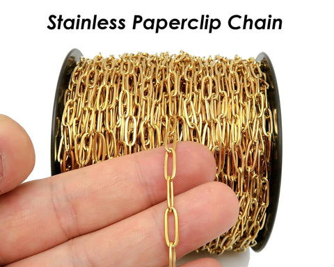 Stainless Steel Paper Clip Chain, PaperClip Chain Gold Silver, Bulk Stainless Steel Chain for Necklace Bracelet Jewelry Making