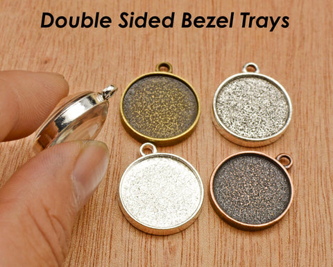 Double Sided Pendant Tray 16mm 20mm Round, Two Sided Pendant Bezel Pendant Blanks, 2 Sides Blank Pendant Setting for Jewelry Making